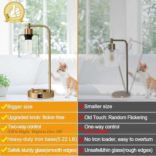 Lynnoland Set of 2 Industrial Table Lamps with USB C+A Ports and Outlet, Brass Fully Stepless Dimmable Bedside Lamps, Nightstand Lamps with Clear Glass Shade for Living Room Office (2 LED Bulb)