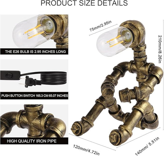 Steampunk Decor Table Lamp for Men Unique Creative Robot Style Desk Lamp,Vintage Industrial Metal Pipe Water Pipe Light, Home Decor Ideal for Bedrooms,Study. (Bronze C)