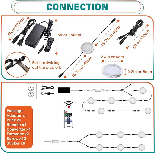 Kitchen Cabinet Undereath Light Kit, Backsplash Back Lighting, 110V Plugged in & Hardwired, RF Remote Control Dimmable, Linkable, Dual Split, Black Wires, Warm White 2700K,6 Lights
