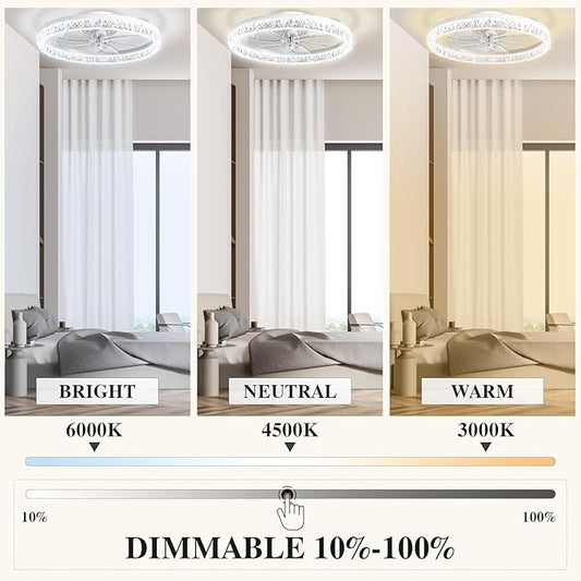 DIAMONDFORGE Ceiling Fans with Lights and Remote Fandelier - 20" Flush Mount Low Profile Modern Ceiling Fans for Bedroom - Stepless Color Temperature and 6 Speeds, White Irregular Crystal