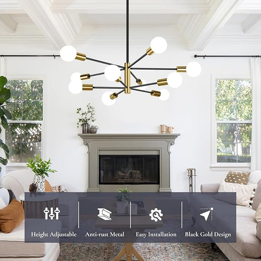 BesLowe 31'' 10-Light Modern Sputnik Chandelier, Mid Century Black & Gold Chandeliers Lighting, Farmhouse Ceiling Hanging Light Fixture for Dining Room Bedroom Room Kitchen Foyer, Height Adjustable