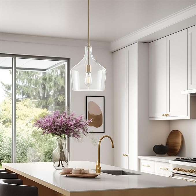 Kira Home Lucy 16" Modern Large Glass Pendant Light, Farmhouse Gold Hanging Light with Clear Vase Glass Shade, Cool Brass Finish