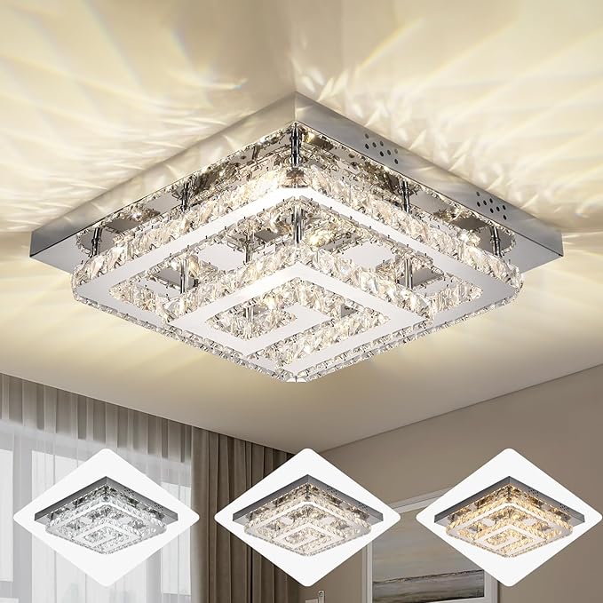 25" Crystal Chandelier with Remote/App Control, 3 Color Temperature Light Fixture & Brightness Adjustable, Modern Flush Mount LED Ceiling Light Fixture for Living Room Kitchen Hallway Dining Room