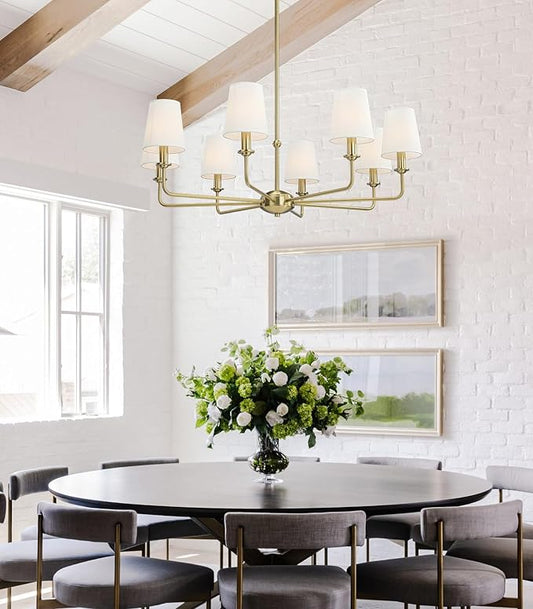 40.5'' 8-Light Brushed Gold Chandelier, E12 Base, White Fabric Shade - Farmhouse & Industrial Style Pendant Light for Dining Room Living Room Bedroom Kitchen