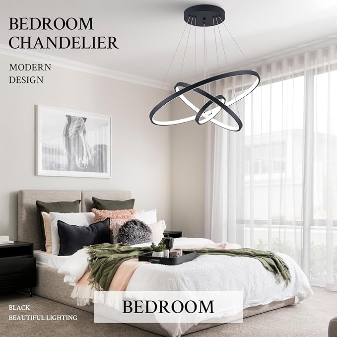 3 Ring Modern LED Chandelier Black Dimmable Round Chandeliers, LED Circular Pendant Light Fixture with Remote Control for Living Room, Dining Room, Office, Entry, Bedroom