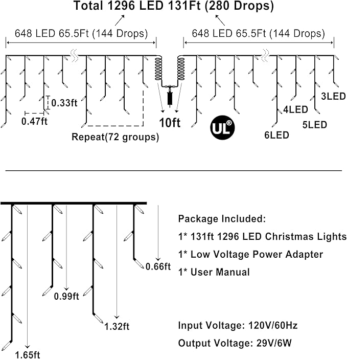 1296LED Christmas Lights with 288 Drops, 131ft 8 Modes Christmas String Lights Outdoor, Waterproof Christmas Decorations Fairy Lights with Timer Memory for Xmas Party Patio Window Fence Warm White