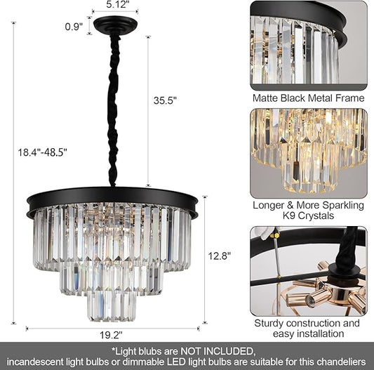 A AXILIXI Black Crystal Chandeliers Modern Round Chandeliers 20" Dimmable 9 Lights Ceiling Pendant Light Fixtures 3 Tiers Luxury Raindrop for Living Room Dining Room Bedroom Foyer