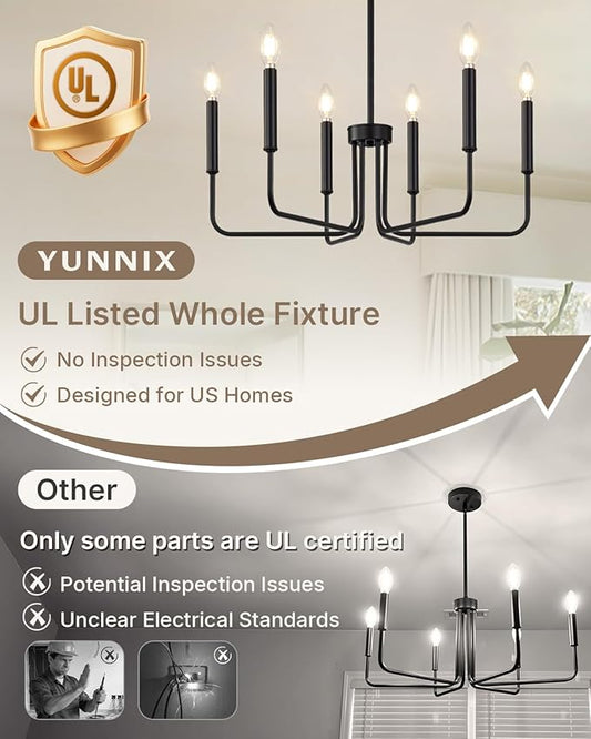 Yunnix 6 Light Matte Black Chandelier Modern Farmhouse Chandelier for Dining Room Light Fixtures Ceiling Hanging, Iron Chandelier for Bedroom, Foyer, Entryway, Kitchen, Living Room and Entryway
