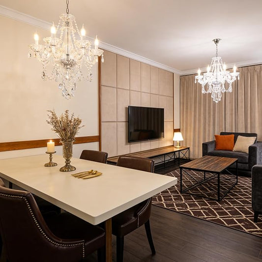 Modern Crystal Chandelier with 6 E12 Sockets, Adjustable Chain, Elegant K9 Crystal Lighting Fixture for Living Dining Room, Foyer