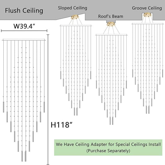 HAIXIANG W40 x H120 Glam Chandelier with LED Bulbs Square Chandeliers, Crystal Raindrop High Ceiling Pendant Light for Entrance Large Villa Foyer Lighting Fixtures Gold