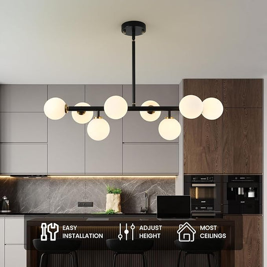 Sputnik Black and Gold Chandelier Pendant Linear Light Modern Mid Century Light Fixture White Globe Shade for Dining Living Room Kitchen Island 8-Light