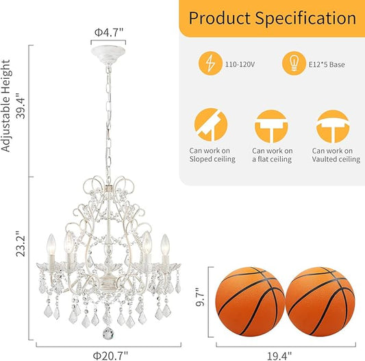WUZUPS 5-Light Crystal Candle Chandelier Pendant Ceiling Light Modern Lighting Fixture for Bedroom Hallway Bar Kitchen Bathroom, H 23.2" W 20.7", E12 Base, Rustic White