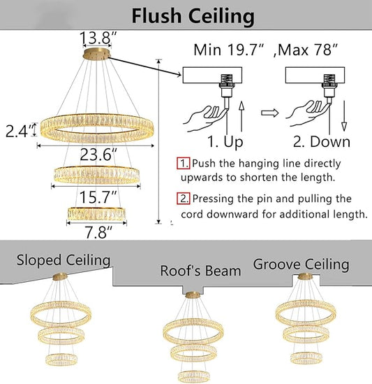 HAIXIANG Modern Glam Chandelier Crystal LED Remote Rings Chandelier Adjustable Hanging Ceilings Pendant Lights Fixture Gold 8"+16"+24" Rings Lighting