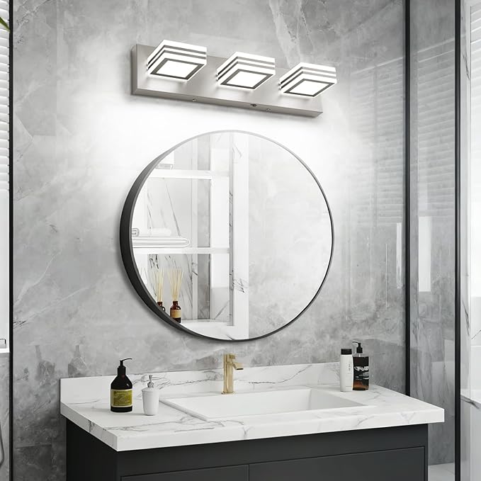 SOLFART LED Bathroom Vanity Light Fixtures: 3 Light Brushed Nickel Modern Acrylic Bathroom Wall Lighting Fixtures Over Mirror 20in 5CCT