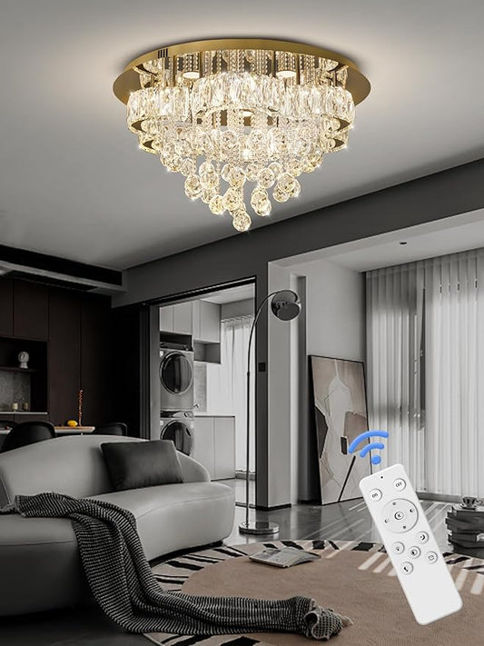 Flashing God W24inches Modern Gold Chandeliers Flush Mount Ceiling Chandeliers for High Ceiling Small Hanging Chandelier Light Fixture Bedroom Dining Room Living Room LED Dimming 2700k 4500k 6000k