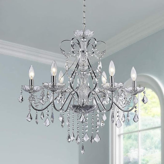 Saint Mossi 6 Light Crystal Chandelier Light Fixture Modern Chandelier Pendant Lighting, Chrome Pendant Raindrop Chandelier for Dining Room,Bedroom,Living Room,H23 x D24
