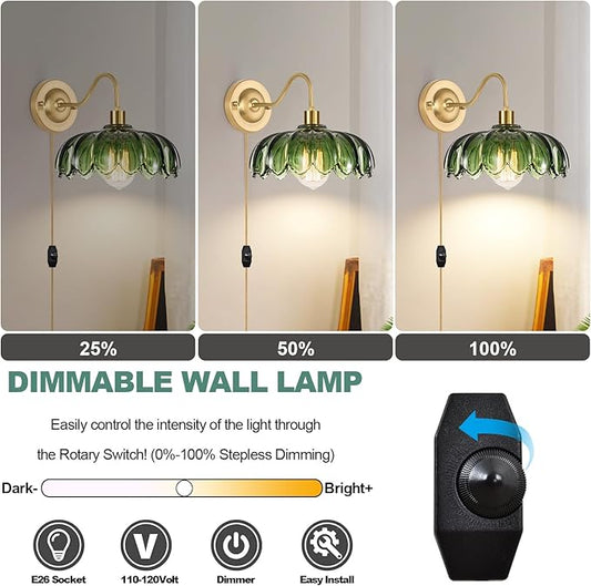 ZECOXOL Vintage Plug in Wall Sconces Set of Two,Dimmable Wall Sconces Lamp with Plug in Cord & Flower Glass Lampshade,Gold Sconces Wall Decor Set of 2 Plug in Wall Lights Sconces for Bedroom