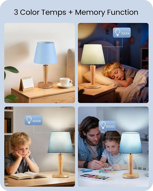 12" Wood Bedside Table Lamps Set of 2, Small Desk Lamps for Small Places, 3 Color Temperatures with Memory, Blue Linen Shade & E26 Bulbs, for Bedroom Living Room Office MU13TLP205