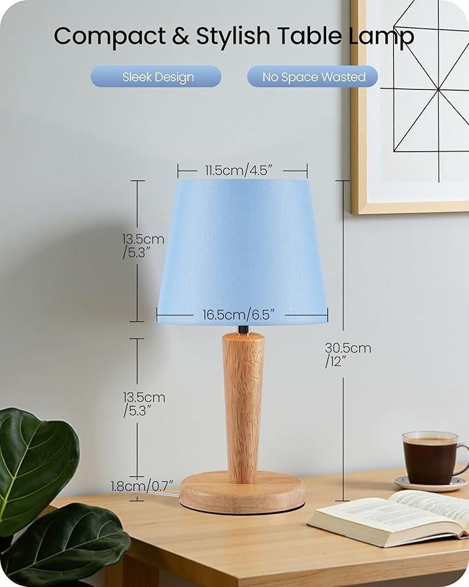 12" Wood Bedside Table Lamps Set of 2, Small Desk Lamps for Small Places, 3 Color Temperatures with Memory, Blue Linen Shade & E26 Bulbs, for Bedroom Living Room Office MU13TLP205
