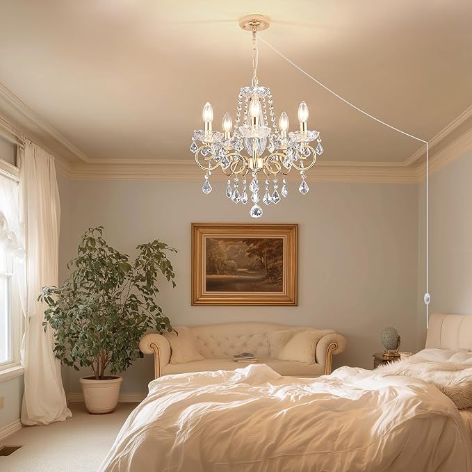 DIMMABLE Plug in Crystal Chandelier 5 Light (BULBS INCLUDED), Champaign Gold Hanging Pendant Light Fixture with 19.68ft Long Cord, K9 Crystal Ceiling for Dining Room, Living Room, Entryway, Kitchen