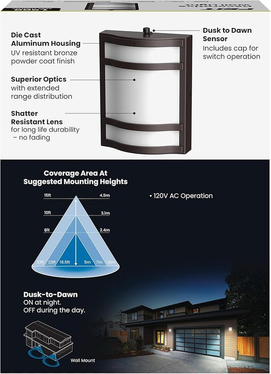 Feit Electric Decorative Outdoor Wall Light, 1900 Lumens, 4000K Bright White, Dusk-to-Dawn Photocell Sensor, Weather-Resistant LED Exterior Wall Sconce, Half-Moon Design, S10.5WM/840/BZ
