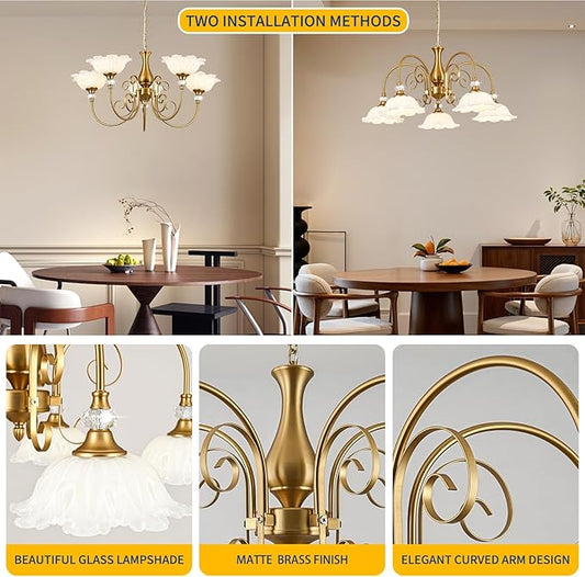 5-Light Vintage Chandeliers in Matte Brass Finish with White Glass Shades, Retro Chandelier Light for Dining Room, Hallway, Kitchen