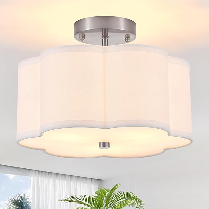 Modern Drum Semi Flush Mount Ceiling Light Fixture Modern 3-Lights Linen Drum Ceiling Lighting with Chrome Finish, Vintage Modern Ceiling Light for Laundry Room, Kitchen, Basement, Bedroom
