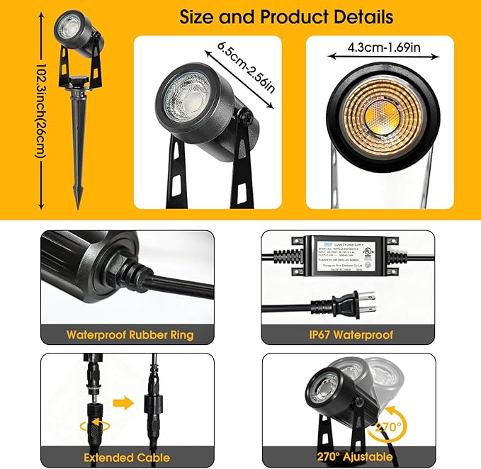 CPLIRIS Outdoor Landscape Lighting, LED Spot Lights Kit for Garden, Yard, House, Lawn, Tree, Flags, Fence Use, Warm White 2700k-3300k, IP67 Waterproof & Connectable - 4 Pack