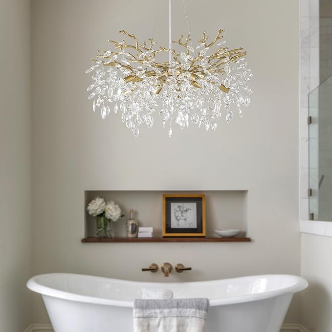 EGM Gold Tree Branch Crystal Chandelier, 32 Inch Modern Raindrop Crystal Ceiling Light Fixtures 10-Light(E12), Hanging Round Chandeliers for Dining Room Living Room Bedroom Foyer