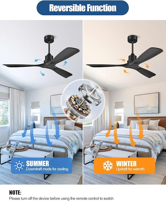 Ceiling Fans With Remote Control, Outdoor Ceiling Fan for Patios Indoor, 3 Downrods, 3 Blades, Timer, 6 Speed Reversible Quiet DC Motor Modern Fan Solid Wood Fan,60in, Matte Black