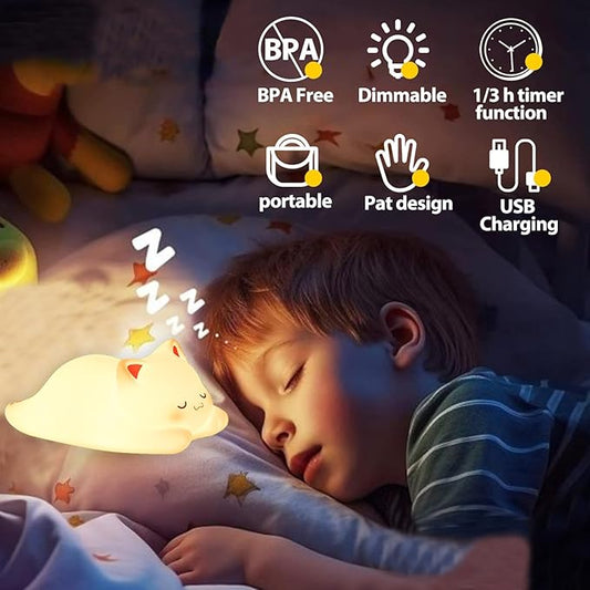 Tremdwoto Cat Night Light for Kids,Cute Colorful Night Light Baby Girl Squishy Night Lights Lamp 1/3 Hour Timer Kitty Light Dimmable Nursery Nightlight,Children's Room Decor,Gifts for Boys and Girls