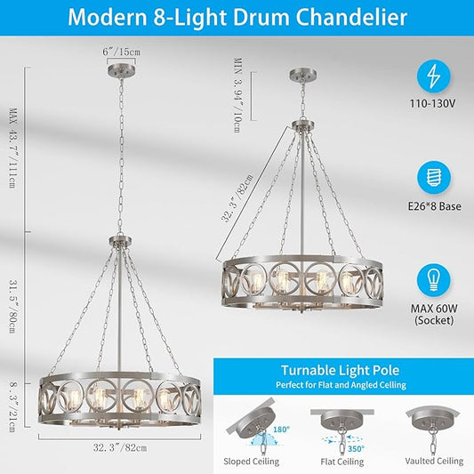 XINGQI 32.3" Large Brushed Nickel Drum Chandelier Modern 8-Light Rustic Farmhouse Round Pendant Lighting Fixture for Dining Room Living Room Office Kitchen Island