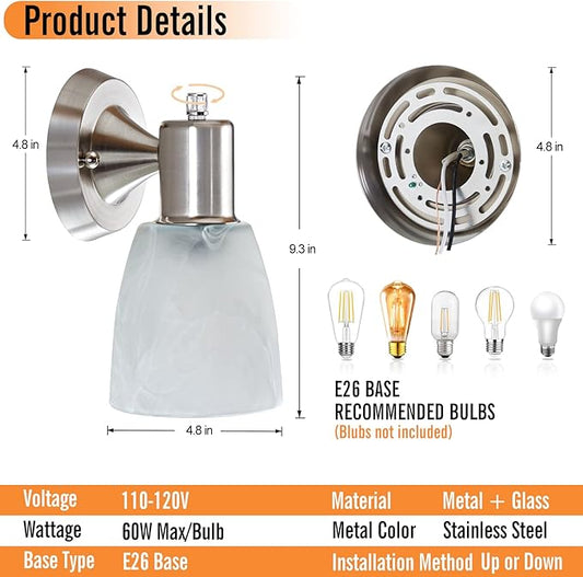 EJIAXIN Wall Sconces Set of 2, Brushed Nickel Vanity Lights for Bathroom, Modern Wall Light Fixtures with Rotary Switch, Wall Mount Light with Frosted Glass, Farmhouse Lamp for Bedroom Living Room