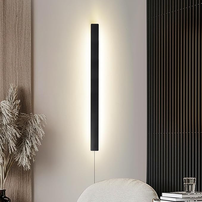 KELUOLY Modern Plug in Wall Sconces, 23.6 inch Frosted Black LED Long Wall Lights, 12W Warm White 3000K Acrylic Indoor Wall lamp,with 59" Plug Cable for Bedroom, Living Room, Bathroom Makeup, Hallway