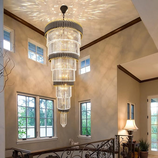 Large 7-Tier Black and Gold Chandelier 94.5" H x 32" W Modern Luxury Long Crystal Chandelier Lighting Fixture for High Ceiling Staircase Foyer Entryway Living Room Villa Hall