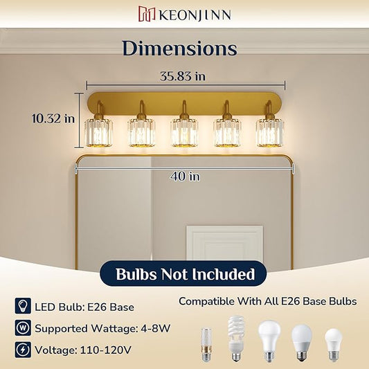 Keonjinn 5-Light Bathroom Light Fixtures, Crystal Gold Bathroom Vanity Lights Over Mirror, Vanity Lighting Fixtures with Crystal Square Shades (E26 Socket, Exclude Bulb)