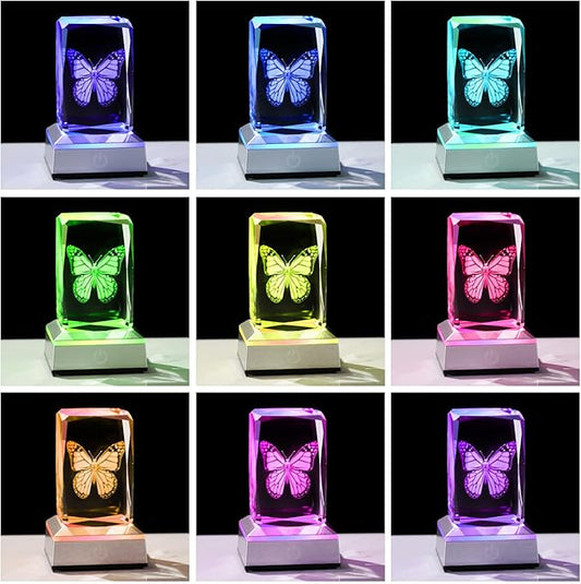 3D Crystal Butterfly for Mom Women or Men, Laser Etched Glass Butterfly Figurine Decor Stuff with Colorful LED Base Nature Lovers Keepsakes Paperweight Gifts for Birthday