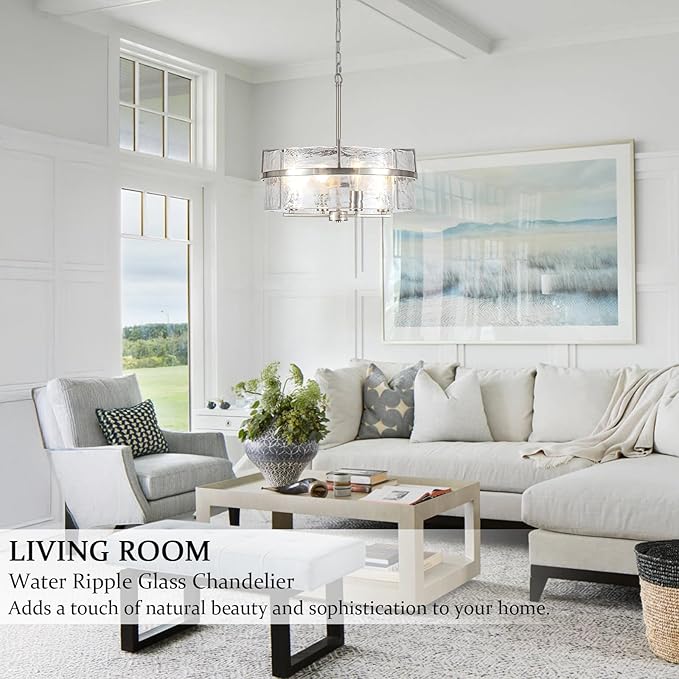 Modern Drum Chandeliers for Dining Room,19.7" Water Ripple Glass Chandelier Over Table Brushed Nickel Crystal Pendant Light Fixtures for Hight Ceiling Living Room Entryway Bedroom Kitchen,E26