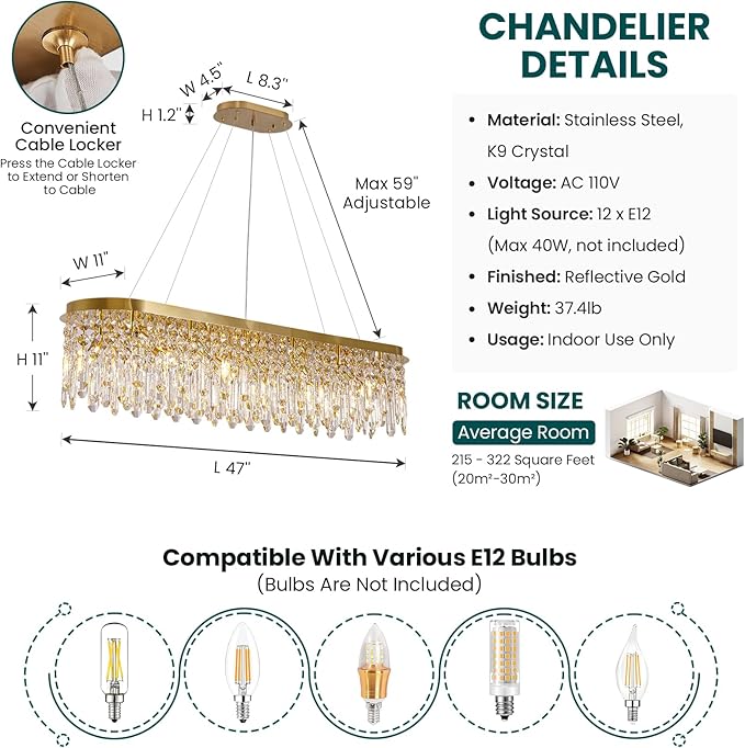 Siljoy Modern Crystal Chandelier for Dining Room, 12-Light Luxury Rectangle K9 Crystal Raindrop Chandelier, Dimmable Oval Crystal Pendant Ceiling Light for Living Room Kitchen Island L47 Inch