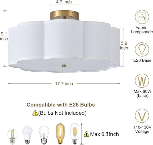 17.7" Semi Flush Mount Ceiling Light Fixture, 3-Light Modern Close to Ceiling Light with Fabric Flower-Shaped Shade, Light Fixtures Ceiling Mount for Bedroom Nursery(Gold)