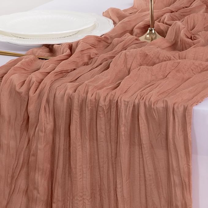 Socomi 3pcs Dusty Rose Summer Cheesecloth Table Runner Boho Rustic Gauze 120 inch 10FT Cheese Cloth Sheer Runner for Wedding Party Baby Shower Birthday Home Decor Holiday Decorations