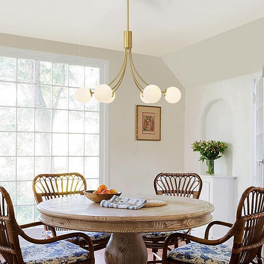 Modern Mid Century Gold Chandeliers, 6-Light Glass Globe Chandeliers Hanging Sputnik Chandelier Light Fixtures for Dining Room Living Room Bedroom Kitchen Island Foyer