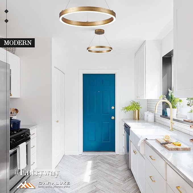 12in LED Ring Chandelier Brass Gold Modern Dimmable Pendant Light Height Adjustable Circular Hanging Ceiling Fixture for Kitchen Island Dining Table Entryway Sink