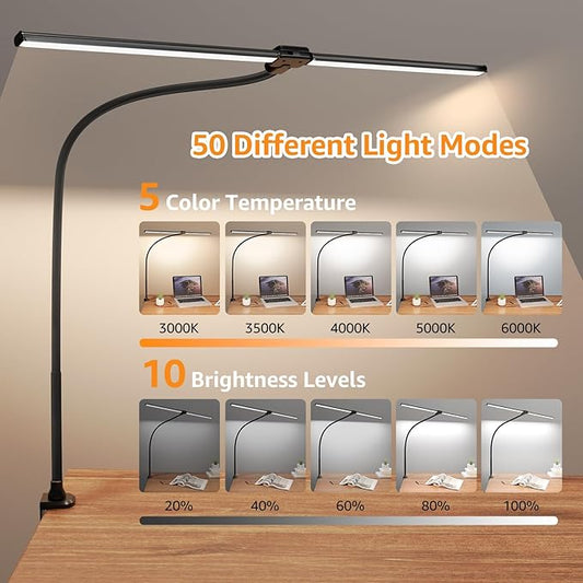 ShineTech LED Desk Lamp, 31.5" Ultra Wide Double Head Architect Light with Clamp, 50 Adjustable Lighting Modes, Eye-Caring Bright Task Lamp for Home Office, Large Monitor, Memory & Auto-Off Timer