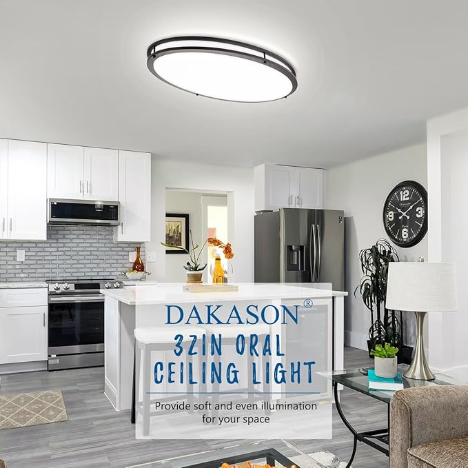 DAKASON 32In Oval LED Flush Mount Ceiling Light for Kitchen, 50W Large LED Ceiling Light Fixture for Living Room, 3000K/4000K/5000K Adjustable, Dimmable Ceiling Lighting for Dining Room/Laundry, ORB