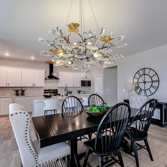 AioTio Black Modern Chandeliers for Dining Room, D31.5''Tree Branch Round Glass Ginkgo Leaf Farmhouse Chandelier,Large Ceiling Hanging Vintage Chandelier for Living Room,Entryway,Kitchen Island,Foyer