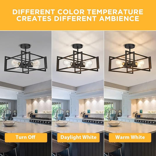 FadimiKoo Industrial 4-Light Semi Flush Mount Ceiling Light Fixture, Farmhouse Metal Black Close to Ceiling Lamp for Kitchen Island Bedroom Hallway, Modern Rectangle Frame