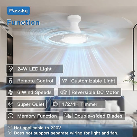 Passky Ceiling Fans with Lights, 52 inch White Flush Mount Ceiling fan with Remote Control, Low Profile Ceiling Fan for Bedroom, Farmhouse, Reversible, 3CCT, Dimmable, Noiseless DC Motor