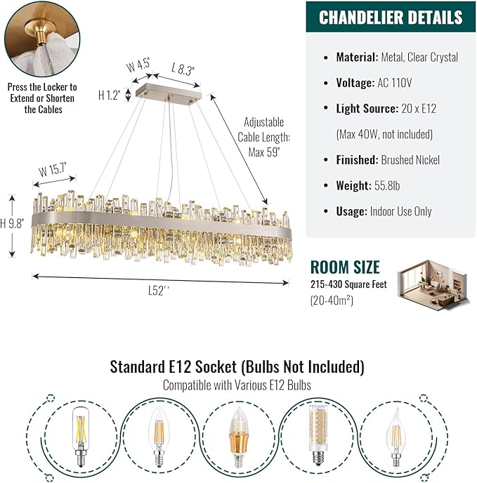 Siljoy L52'' Large Rectangular Crystal Chandelier for Dining Room, 20-Light Modern 2-Tiers K9 Crystal Raindrop Chandelier, Adjustable Height Crystal Ceiling Light for Living Room Kitchen Island