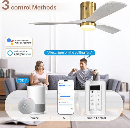 CACI Mall Smart 52 inch Wood Flush Mount Ceiling Fans with Lights and Remote, 3 Blades, Low Profile, Modern, Compatible with Alexa/Google/App, Outdoor Indoor Ceiling Fans for Bedroom/Farmhouse/Patio